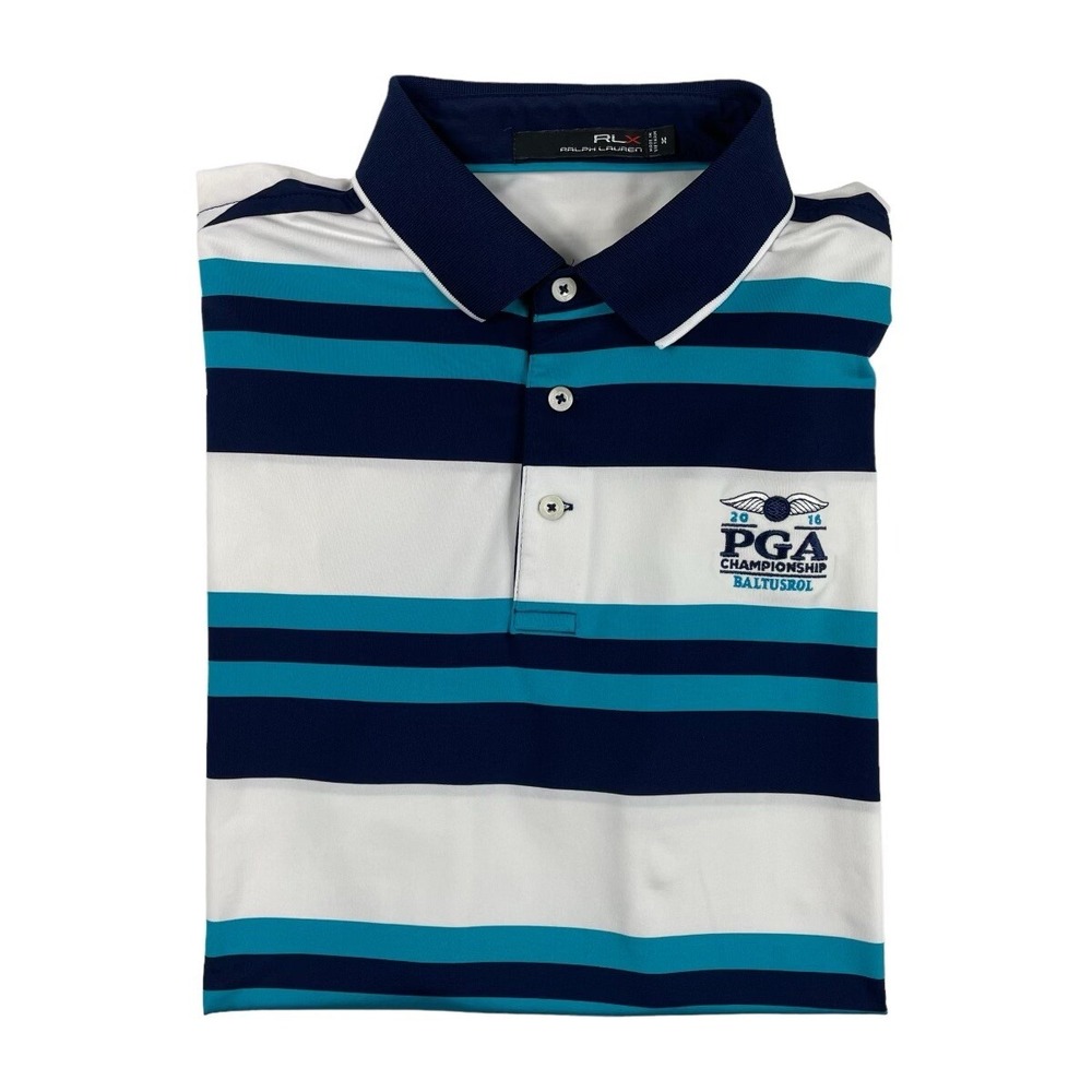 RLX Ralph Lauren White Blue Striped PGA Baltusrol Performance Polo Shirt Mens M